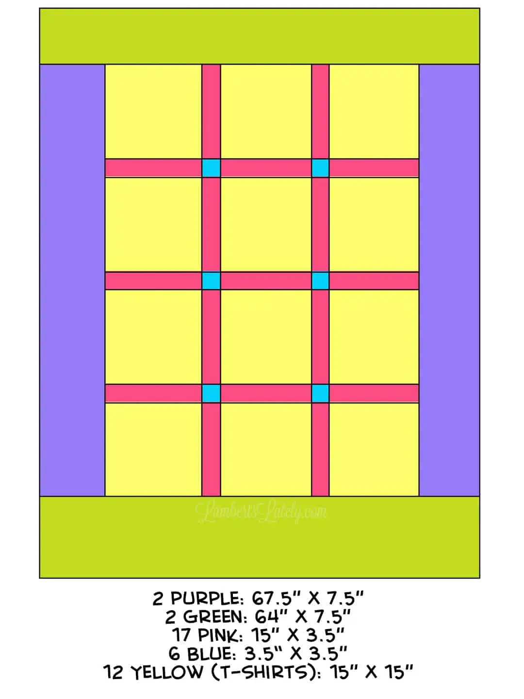 Free twin-size T-shirt quilt pattern showing block and sashing measurements.