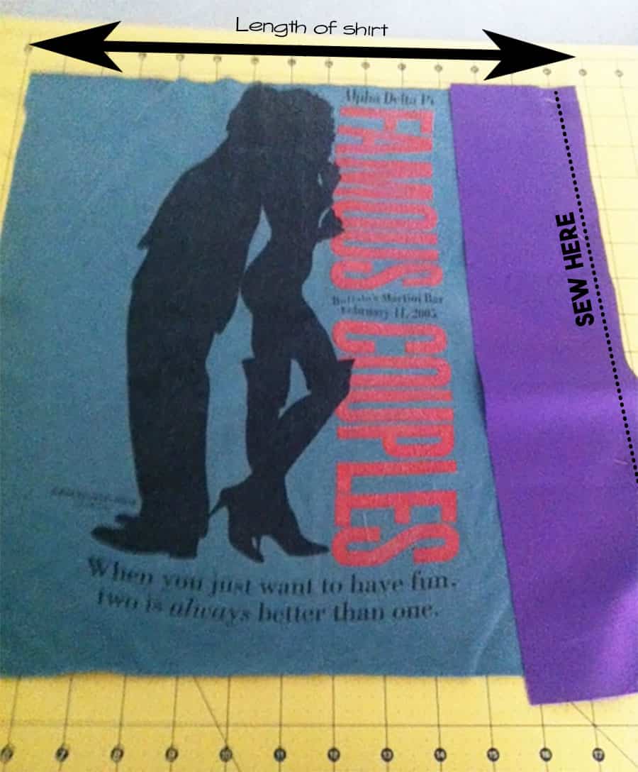showing where to sew long strip to t-shirt square on quilt.