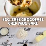 Close-up of a spoonful of egg-free chocolate chip mug cake with melted chocolate chips.
