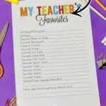 Printable teacher favorites questionnaire with colorful design and pencils.