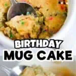 Colorful birthday mug cake with sprinkles in a white mug, ready to eat.