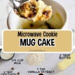 Close-up of a spoonful of microwave cookie mug cake with chocolate chips.