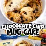 Close-up of a chocolate chip mug cake in a white mug with melting chocolate chips and vanilla ice-cc.