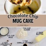 Close-up of a spoonful of chocolate chip mug cake with melted chocolate and vanilla ice cream.
