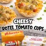 Cheesy sausage Rotel cups with melted cheese and fresh herbs on a white surface.