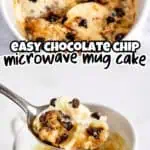 Close-up of a chocolate chip mug cake with melting chocolate chips and creamy topping.