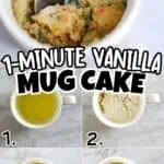 Step-by-step images of making a vanilla mug cake with sprinkles and toppings.