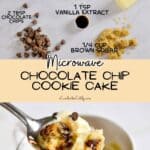 Ingredients for microwave chocolate chip cookie cake in a flat lay.