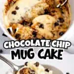 Close-up of a chocolate chip mug cake with melting ice cream and chocolate chips.
