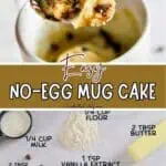 Close-up of a spoonful of chocolate chip mug cake in a mug.