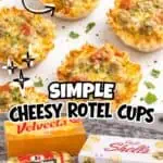 Cheesy sausage Rotel cups with melted cheese and herbs on a white surface.