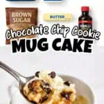 Chocolate chip mug cake with ingredients and spoonful close-up.