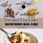 Ingredients for microwave chocolate chip mug cake with chocolate chips and vanilla extract.