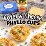 Cheesy sausage Rotel cups with melted cheese and fresh herbs on a white plate.