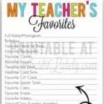 Printable teacher favorites form with colorful text and sections for personal info.