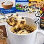 Chocolate chip mug cake with milk and ingredients on a kitchen counter.