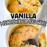 Vanilla microwave mug cake with colorful sprinkles, ready in 1 minute.