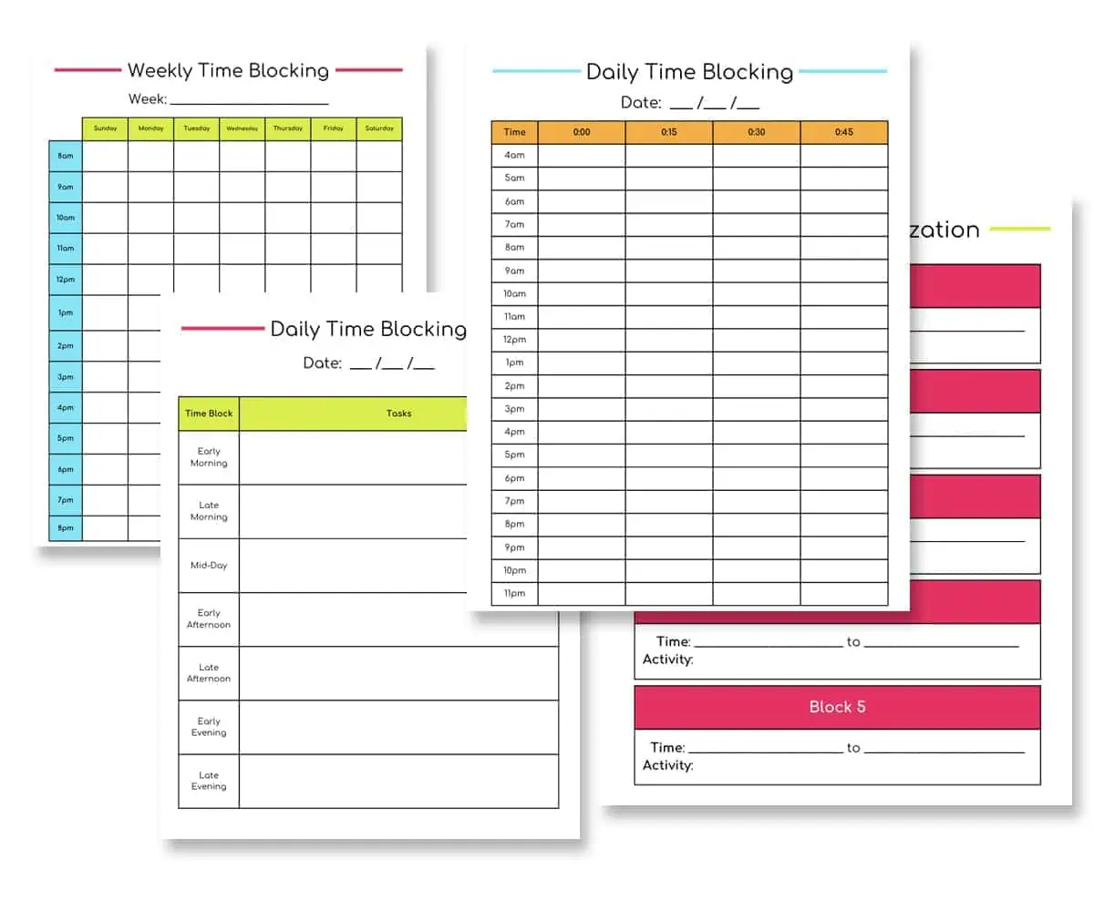 bright and colorful time blocking template printables.