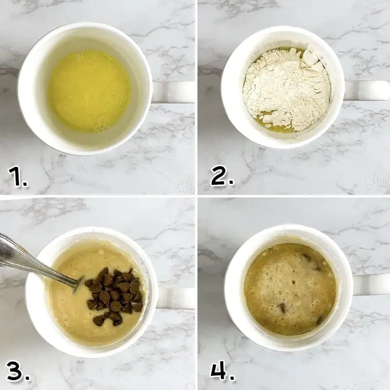 steps to make chocolate chip mug cake.