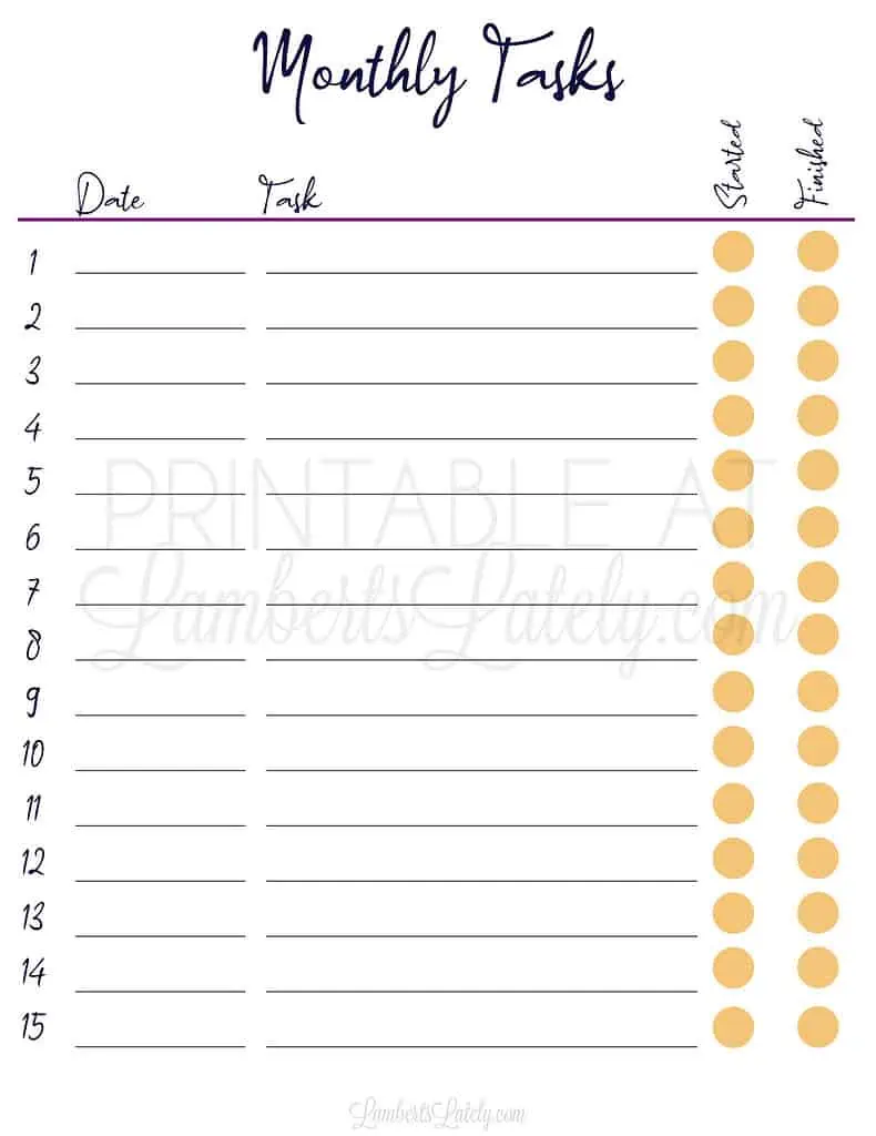 monthly task list printable with bold colors.