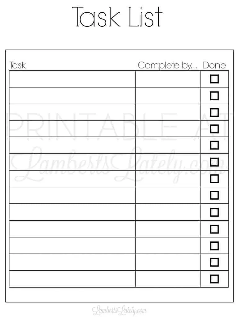 task list printable with done checkboxes.