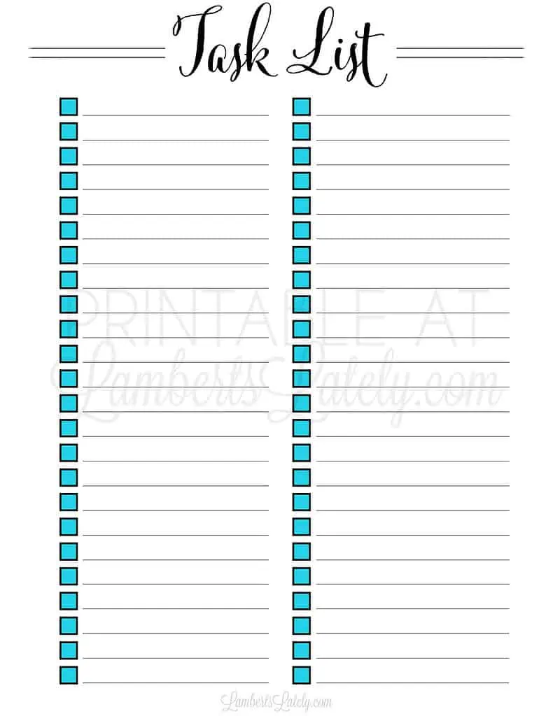 task list printable with checkboxes.