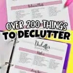 Organized decluttering checklist with pink, purple, and yellow accents on a pink background.