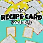 Set of 4x6 printable recipe cards with colorful borders and writing spaces.