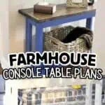 Farmhouse-style console table with a wooden top and blue legs in a modern entryway.