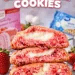 Strawberry cheesecake cookies with cake mix and creamy filling, close-up view.