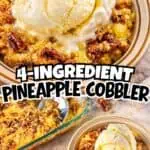 Pineapple cobbler with vanilla ice cream and crumb topping in a baking dish.