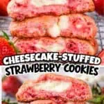 Strawberry cheesecake-stuffed cookies with cake mix, layered and garnished with strawberries.