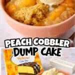 Delicious peach cobbler with cake mix and vanilla ice cream in a pink bowl.