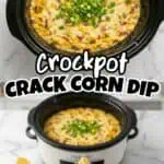 Creamy crock pot crack corn dip with chopped green onions in a black slow cooker.