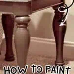 Close-up of a painted laminate furniture leg with text overlay about durable finish and painting.