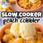 Delicious slow cooker peach cobbler with vanilla ice cream in a pink bowl.