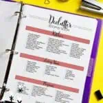 Printable declutter checklist for kitchen, living room, and bedroom organization.