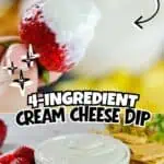 Cream cheese dip with strawberries and crackers, perfect for fruit and snack pairings.