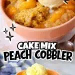 Delicious peach cobbler with cake mix served with vanilla ice cream in a pink bowl.