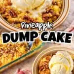 Delicious pineapple dump cake with vanilla ice cream and pecans on top.