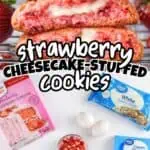 Strawberry cheesecake cookies with cake mix, cream cheese, and fresh strawberries on a white surface.