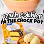 Delicious peach cobbler with vanilla ice cream in a pink bowl, perfect for dessert.