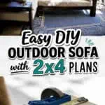 DIY outdoor sectional sofa with cushions on a porch with a view of trees.