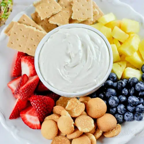 looking down on fruit dip and dippers.