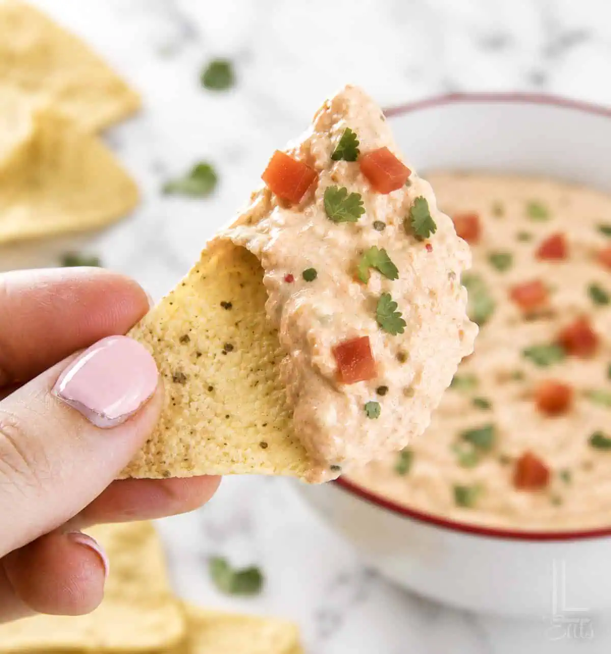 Cream cheese and salsa dip on a tortilla chip with a bowl of dip in the background.
