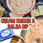 Cream cheese and salsa dip in a bowl with tortilla chips around it.