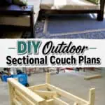 DIY outdoor sectional couch with colorful cushions on a porch.