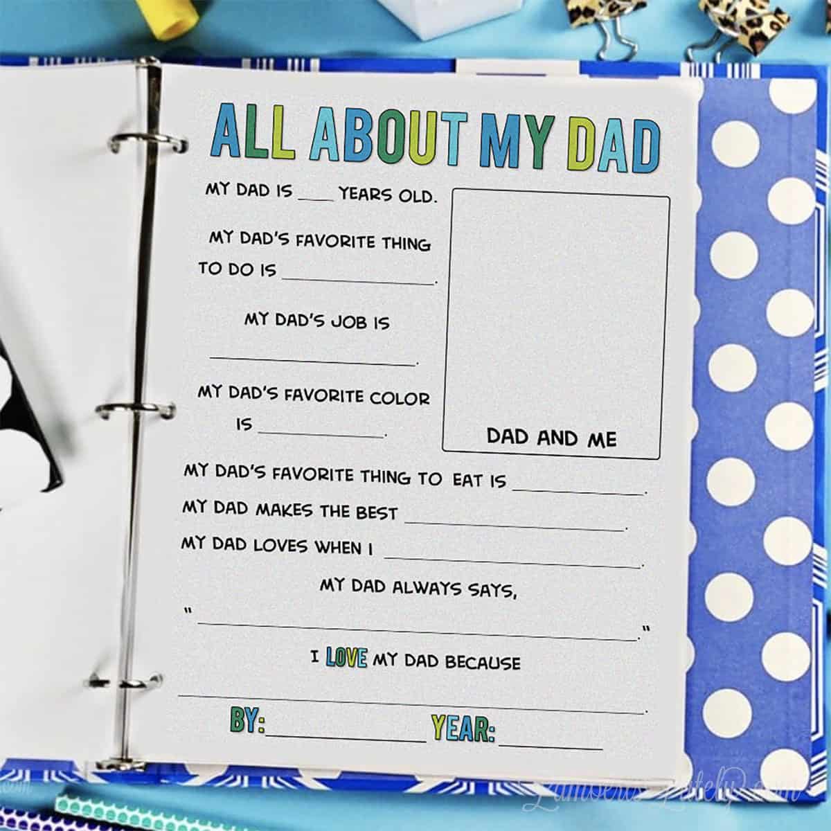 father's day all about my dad printable page in a notebook.