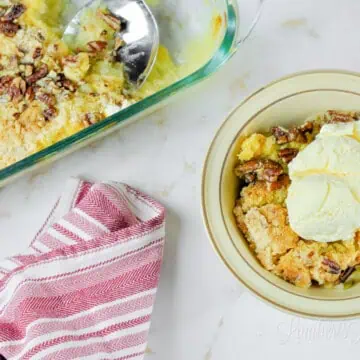 baking dish and bowl of pineapple dump cake.