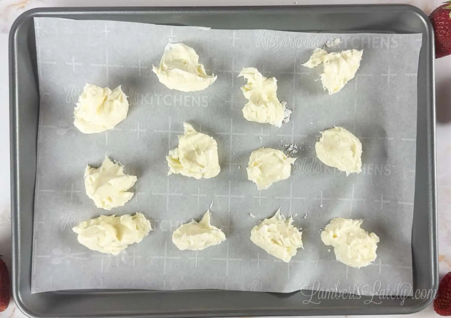 cream cheese tablespoons on a cookie sheet.
